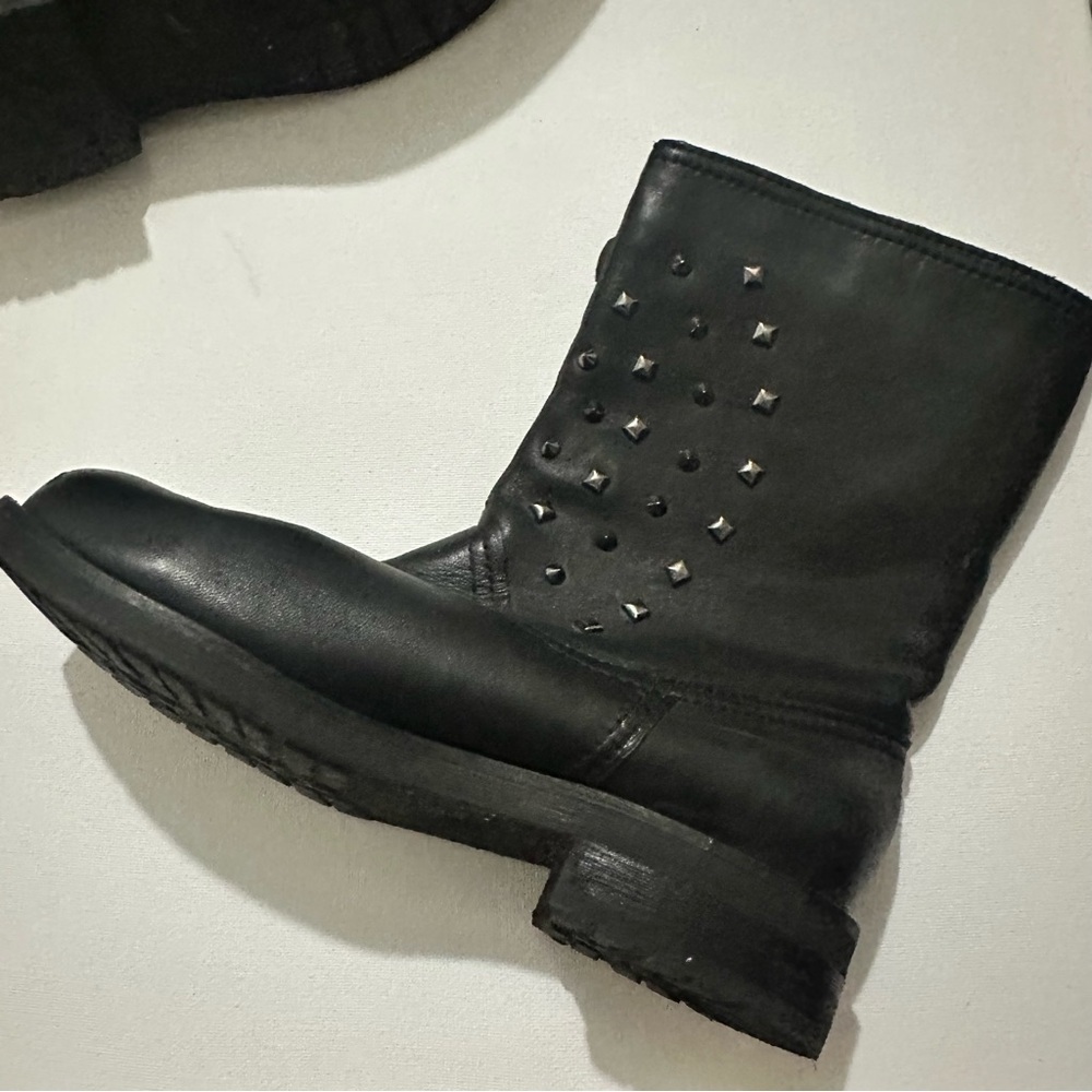Geox Black Respira Virna Leather Plaid Lined Silver Spikes Moto Boots Sz 6 / 37 - Picture 5 of 15